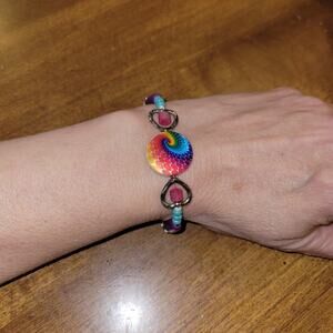 Handmade Boho Beaded Bracelet – Rainbow Spiral‎ Centerpiece, Turquoise & Magenta